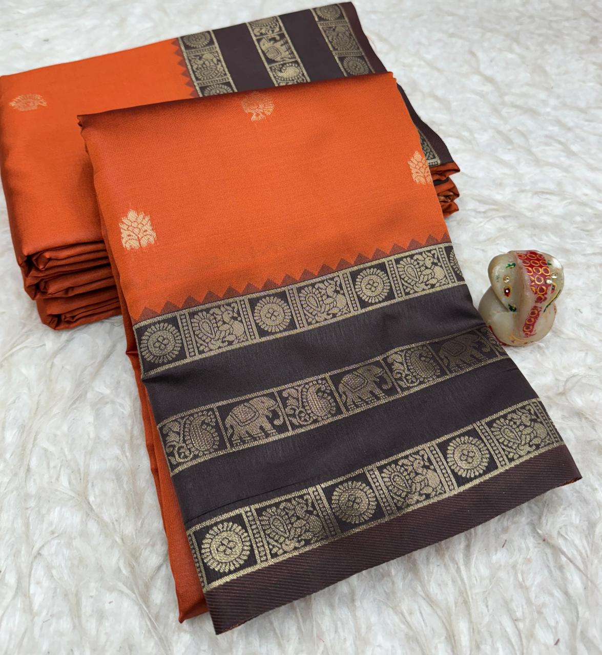 Rust Orange Semi Silk Saree with Contrast Border